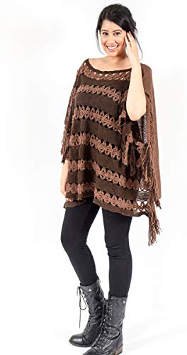Soft woven poncho with fringed edge. Crochet stripe detail in contrasting color (Coffee)