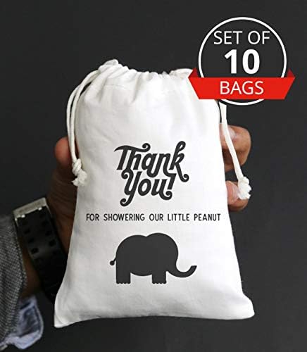 Thank You Baby Shower Favor Bags Cute Elephant Candy Buffets Bag Event Favors Muslin Bag Goodie Zoo Bag Safari Party Animal Theme Customized Cotton Drawstring Eco Friendly Gift Bag -Set Of 10