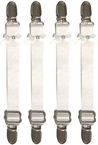 (6"-8") Gorgeous Garters Rhinestone Stocking Garter Straps, Silver Metal Clips (White)