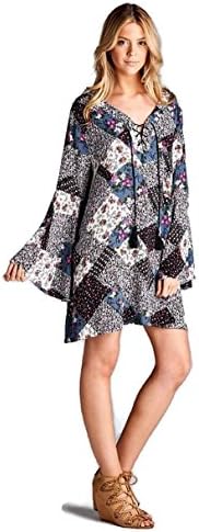 Velzera Multi Floral Patchwork Print Tunic Dress Boho Chic Reg &amp; Plus Size (Large, Gray)