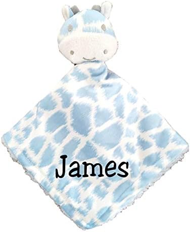 Baby Snuggle Buddy Security Lovey Lovie Cuddle Blankie Blanket - Can be Personalized (Blue Giraffe with Embroidered Name)