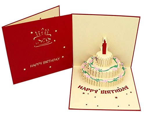 Tubwair Birthday Greeting Card 3D Pop up Cake Paper Handmade Post Cards (Red)