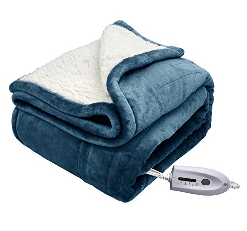 MARQUESS Electric Blanket Micro Plush Sherpa and Reversible Heated Throw Flannel Washable Comfortable Blanket with 4 Heat Settings/Safety 4 Hours Auto-Off Controller (Navy Blue, 50 x 60)