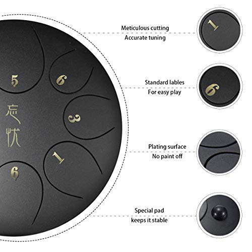 ZHRUNS Steel Tongue Drum, Percussion Instrument Tank Drum or Hand Drum with Carring Bag and Mallets, Music Book, Finger Picks (8 Note, black) - Thumbnail 4