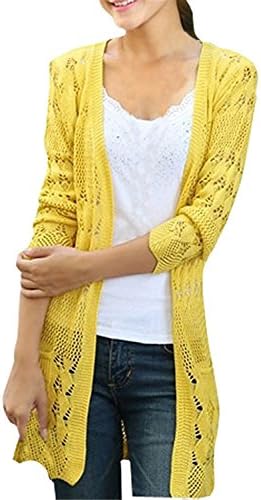 MDOUWoo Womens Crochet Knitted Open Front Cardigan Pocket Sweater YellowOne Size Pretty