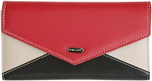 Felda Genuine Leather Purse - RFID Protection and 13 Credit Card Slots - Red Multi