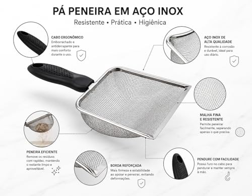 Pá Higiênica para Gatos e Cães em Aço Inox, Peneira para Caixa de Areia, Durável e Fácil de Limpar