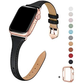 WFEAGL Leather Bands Compatible with Apple Watch 38mm 40mm 42mm 44mm, Top Grain Leather Band Slim & Thin Wristband for iWatch Series 5 & Series 4/3/2/1 (Black Band+Rose Gold Adapter, 38mm 40mm)
