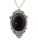 Real Metal Jet Black Cabochon in Silver Finish Pewter Frame Pendant Necklace