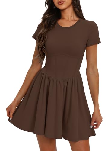 DARONG WOMEN 2024 SUMMER SHORT SLEEVE DRESSES CREW NECK SHORT CASUAL DROP WAIST A LINE MINI DRESS 9051 COFFEE M