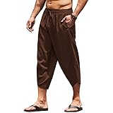 YAOHUOLE Men's Linen Blend Harem Capri Pants - Loose Fit 3/4 Length Casual Shorts With Drawstring