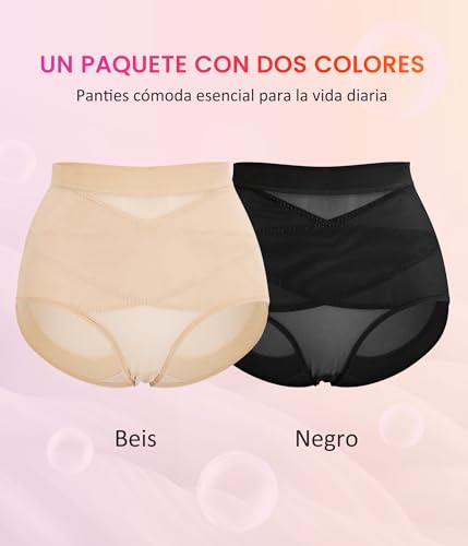 Eleady 2 Piezas Ropa Interior Mujer Suave Transpirable Calzones de Mujer Cintura Medio Faja Elástico Control de Abdomen Leve Calzones Postparto Cesarea Cobertura Completa