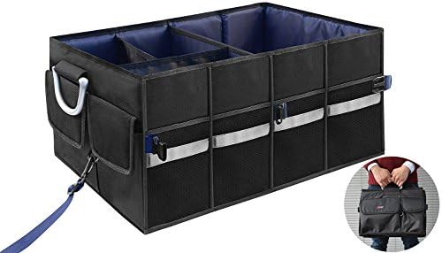 Glitz Star Extra Large 4-Compartment|12 Pockets Car Trunk Organizer Collapsible Cargo Storage Container Non-Skid Bottom Velcro Strips with Straps for SUV, Vehicle, Auto, Black(24”x16.5”x12.2”)