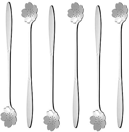 glendaXSA 6 Pieces 7-inch Stainless Steel Coffee Tea Spoon Cherry Blossom Flower Silver Tone Polishing Ice Cream Cake Dessert Stir Creative Tableware 18cm