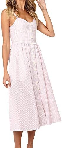 Firally Women Plaid Print Bohemian Spaghetti Strap Button Down Swing Retro Empire Midi A Line Dress
