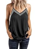 BLENCOT Women's Summer V Neck Strappy Embroidery Tank Tops Loose Casual Sleeveless Shirts Blouses Black M