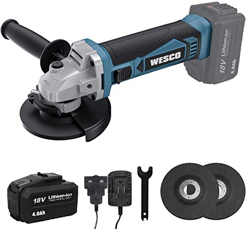 Meuleuse d\'angle sans Fil 18V, WESCO 4.0Ah Meuleuse Angulaire sans fil, 8800/min, Avec batterie 4.0Ah et chargeur, Diamètre du Disque 115mm avec Poignée Auxiliaire et 3 Disques de Meulage