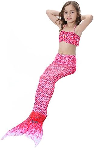 Sparkle Mermaid Swimwear Tail, Kids Girls 4 Pieces Sets Swimmable Costume Swimwear With Monofin