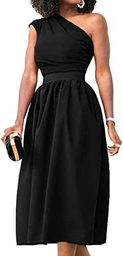 Nashion Women Summer Vintage Casual Formal Cocktail Party Prom Wedding Evening Graduation Church Office One Shoulder Sleeveless Wrap Midi Dress for Ladies Black,L