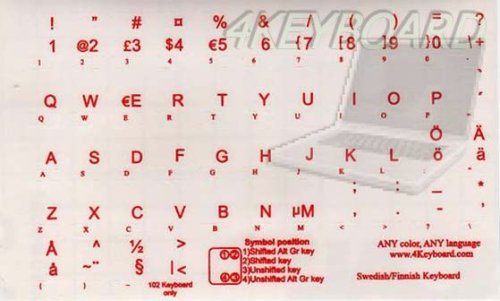 SWEDISH - FINNISH KEYBOARD STICKERS WITH RED LETTERING ON TRANSPARENT BACKGROUND