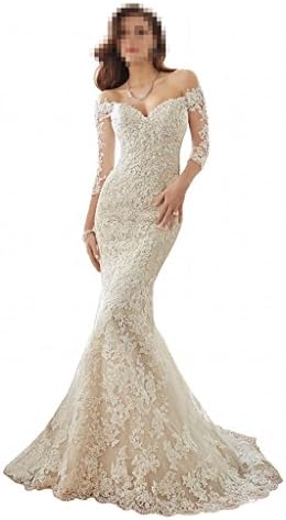 DingDingMail Women's Off-Shoulder Lace Mermaid Wedding Dress for Bride New 3/4 Sleeve Mermaid Chapel Wedding Gowns (046)