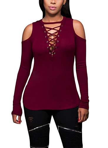 FARYSAYS Women's Sexy Cut-out Shoulder Blouse Lace-Up Ribbed Tops Burgandy