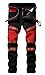 Men's Black Zipper Ripped Straight Slim Moto Biker Jeans, Black&red, 34