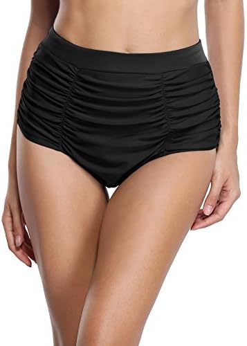 anfilia Womens High Waisted Bikini Bottom Ruched Solid Swim Shorts
