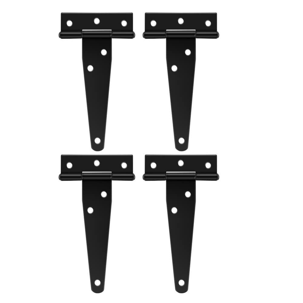 4 Pcs T-Hinge Gate Shed Hinges in Black, 6 Inch Door Barn Gates Hinges, Metal Heavy Duty Gate T-Strap Hinge with Screws