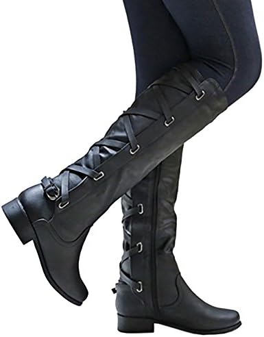 Liyuandian Women's Buckle Knee High Boots Casual Motorcycle Riding Wide Calf High Heel Booties (6, 3-Black)