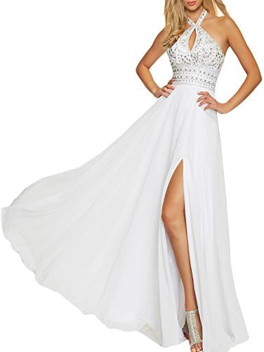 Promme Halter Long Prom Dresses Beaded Bodice With Slit Evening Gowns Size 10 US white