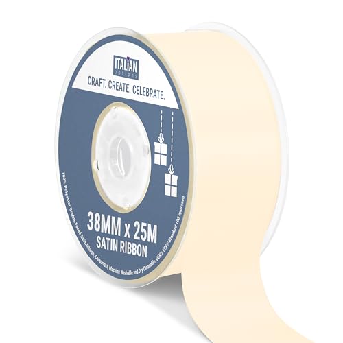 Italian Options Satin Ribbon, Fabric Ribbons for Gift Wrapping, Crafting, Balloons, Wedding Car, Presents, Cake, Christmas, Birthday, Gift Wrap Accessories, 38mm Wide x 25 Metre Roll, Cream
