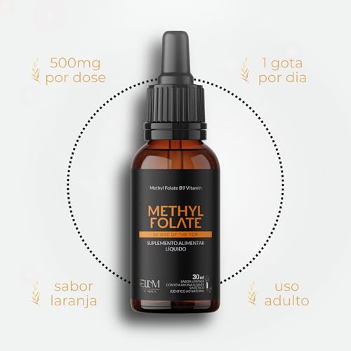 Vitamina B9 Metilfolato em Gotas Sublingual 30 mL ELLYM NUTRITION Sabor Laranja O Ácido Fólico Auxilia na Formação do Tubo Neural do Feto Durante a Gravidez (30 mL)