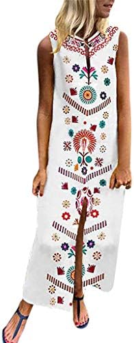 Clemunn Woman Dresses Women's Bohemian Floral Print Split Cotton Linen Maxi Dress V Neck Sleeveless Casual Baggy Long Dress