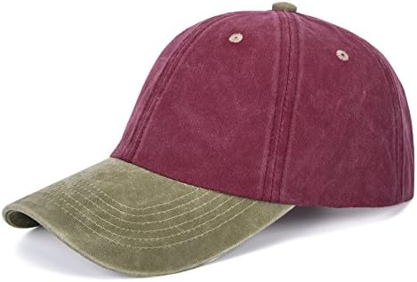 Bangled Unisex Washed Baseball Cap Pigment Dyed Two Tone Low Profile Adjustable Six Panel Cap Sun Cap(Red+Army Green)