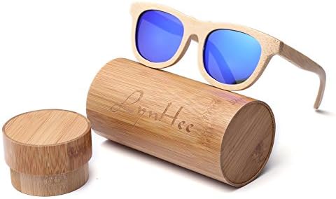 LynHee Bamboo Wood Wooden Polarized Sunglasses Natural Light Floating Frames, Wood Case (Bamboo Frame, Blue/Indigo)