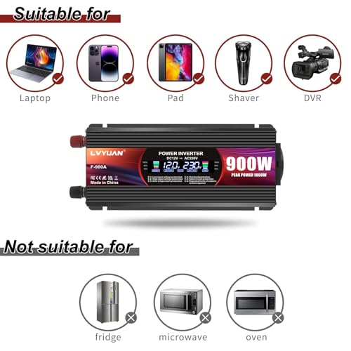 LVYUAN Inverter 12V 230V 900W Voltage Converter with EU Plugs, 2 USB, Alligator Clip, Cigarette Lighter and LCD Display Inverter Peak 1800W