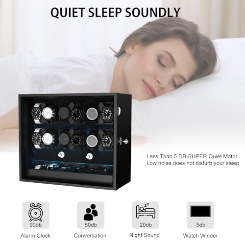 DUKWIN Watch Winder for 4/6/8/12 Automatic Watches, Lockable Automatic Winders with Extra 4/6 Watch Storages, 4 Rotation Modes, Quiet Mabuchi Motor, Sfot Watch Pillows and Blue Backlight