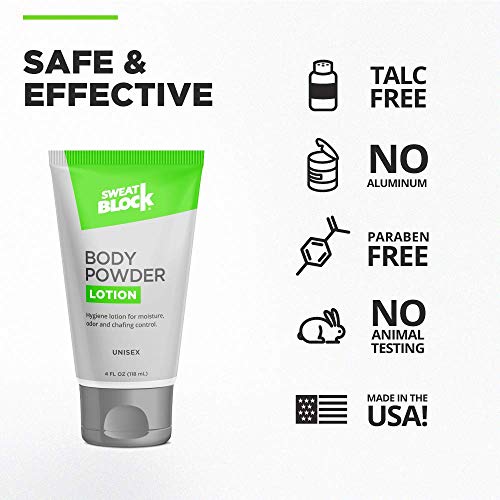 SweatBlock Body Powder Lotion, Talc Free, Anti-Chafing, Deodorizing - No Mess Body Powder for Men and Women, 4 fl oz - Thumbnail 3