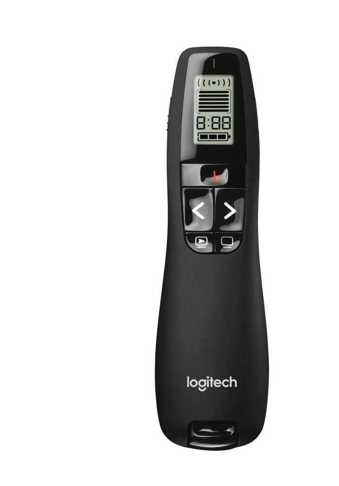 Logitech R800 Wireless Presentation Remote, 2.4 GHz with Nano USB-Receiver, Red Laser Pointer, Slideshow Buttons, 30-Meter Operating Range, LCD-Display for Time Tracking, 6 Buttons, for PC - Black