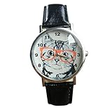 Women's Watch Cat Pattern Leather Band Analog Quartz Vogue (Black)