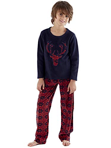 [- O.N.E Kids New Fleece Pyjama Set Crew Neck Stag Face Heritage Loungewear Warm PJs 5-13  -]