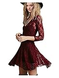 CA Fashion Women's Flare 3/4 Sleeve Balletic V-neck Party Mini Dress, Burgundy, Large