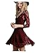 CA Fashion Women's Flare 3/4 Sleeve Balletic V-neck Party Mini Dress, Burgundy, Large
