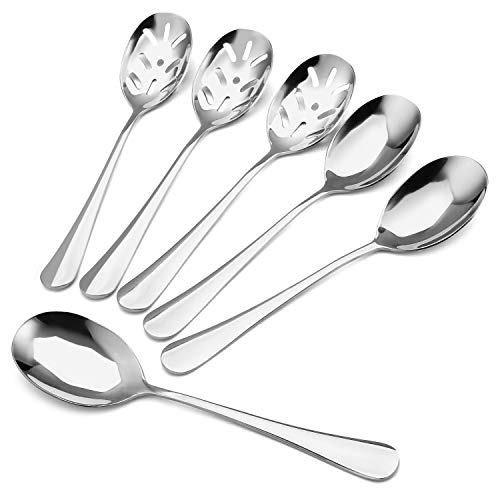SHARECOOK Serving Spoons x 3, Slotted Serving Spoon x 3, Stainless Steel Party Buffet Catering Dinner Banquet Serving Spoons, 8.6 inches, Mirror Finish, Dishwasher Safe