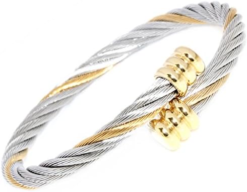 Polished Gold Veins Cap Twisted Cable Wire 2-Tone Gold Silver Stainless Steel Bangle Bracelet 010