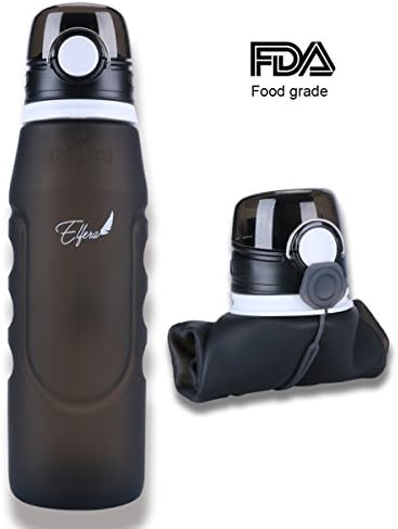 Elfera Collapsible Water Bottle, Leak-proof Silicone Sports Bottle-1000ml with BPA Free Medical Grade Silicone for Sports,Travel and Outdoor Use (black)