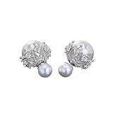 Cuicanstar Women's Silver Plated Double Sides Round Faux Pearl Rhinestones Stud Earrings CZ Hollow Lace (White)