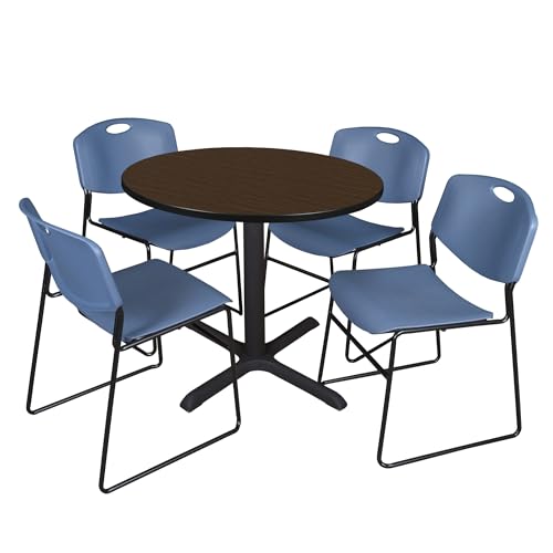 Romig Pillar 36 in. Round Breakroom Table- Neo Walnut & 4 Zeng Stack Chairs- Bl…