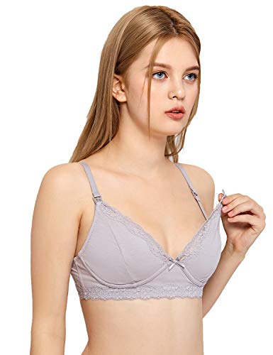 MOMANDA Women's Lace Trim Wire Free Cotton Soft Cup Maternity Nursing Bra Opal Gray 32C